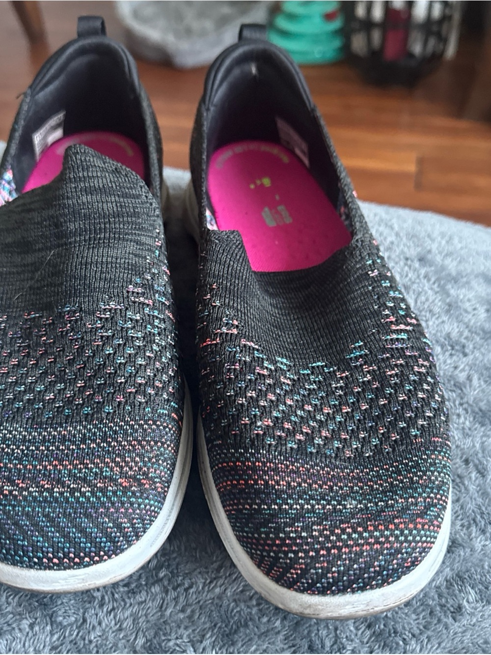 Skechers Black Knit Slip-On Mules with Pink Insole and Multicolor Stitching
